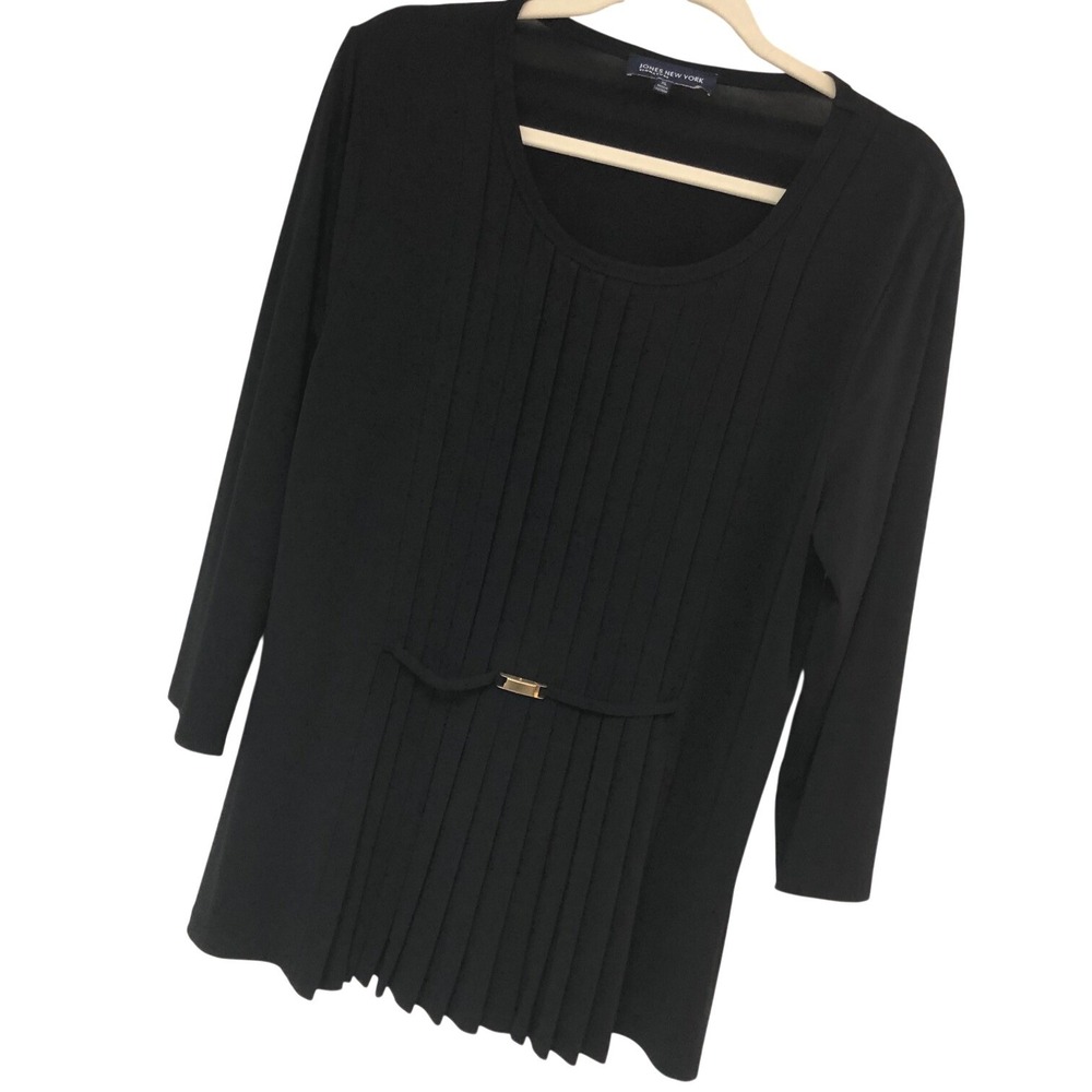 Jones New York Black Pintuck Top Pleats Gold‎ Buckle Womens XL Office Minimalist